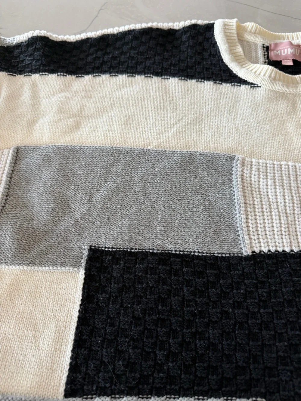 Women SHOW ME YOUR MUMU Ember Patchwork Knit Tunic Sweater Gray Black Ivory-3X
